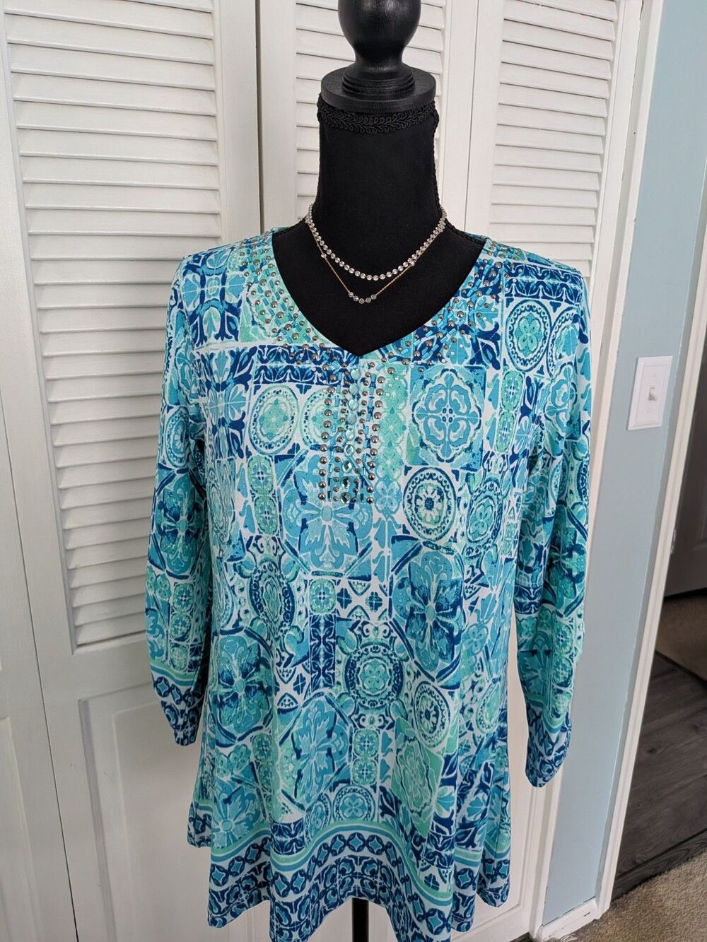 Multiples Tunic Top Womens S Blue Tile Medallion Embellished Coastal Resort NEW